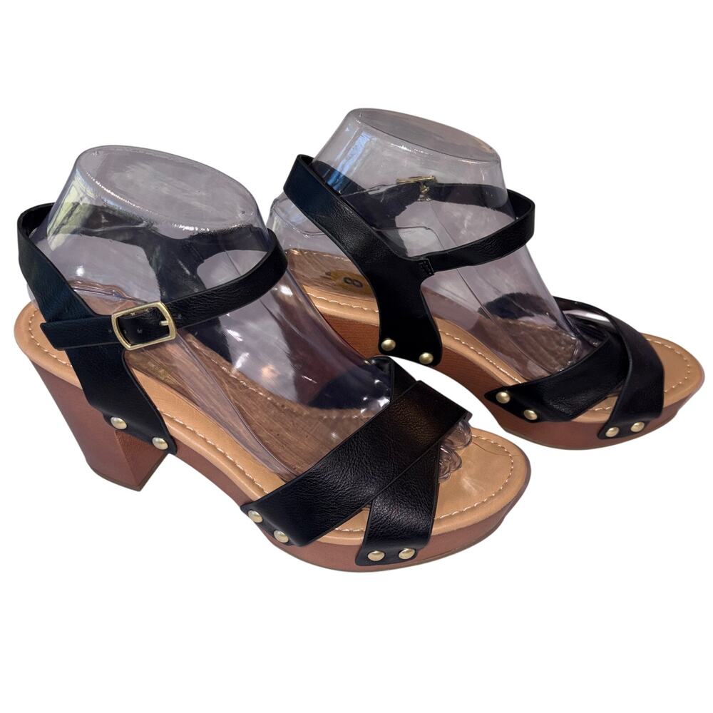 Soda Miguel Black Faux Leather Crisscross Strap Platform Chunky Block Heel
